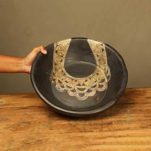 Wooden Bowl with Metal Art