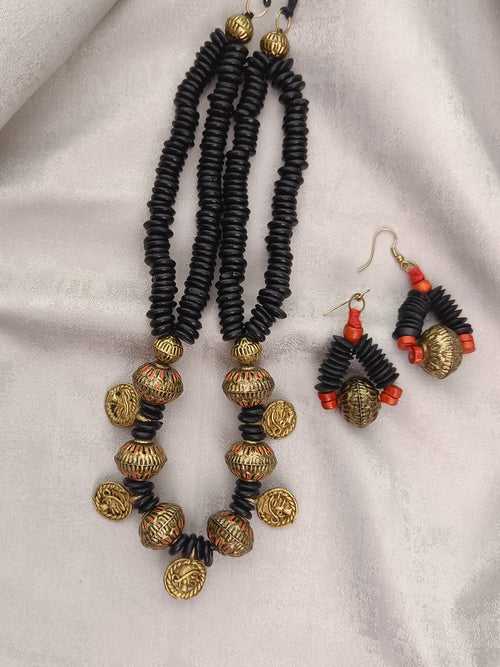 Gold and Black Beads Tribal Woman Dhokra Coins Jewellery Set-Necklace with Earrings