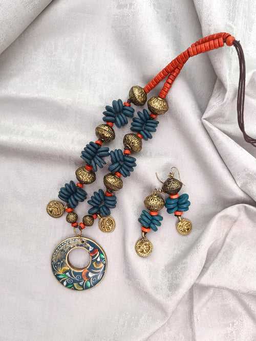 Hand Painted Tribal Figures Blue Orange Wooden Beads Jewellery Set