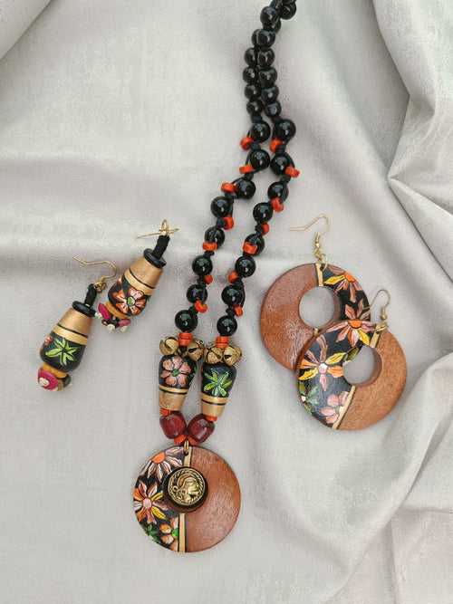 Hand Painted Multicolored Flowers Wood and Dhokra Art Necklace with Two Earrings