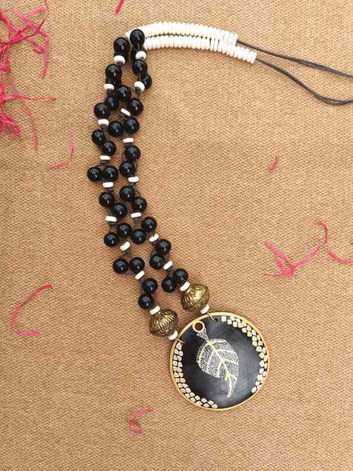 Black White Beads with Leaf Wooden Pendant Handmade Necklace