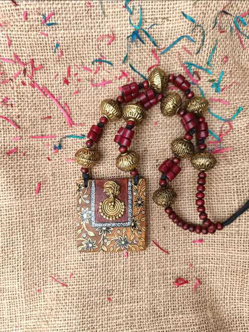The Royal Lady Maroon and Gold Square Dhokra Pendant Handmade Necklace