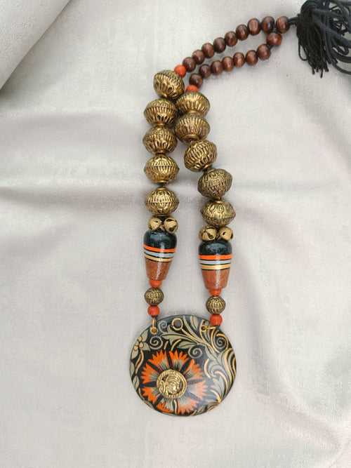 Hand Crafted Black Gold with Orange Flowers Dhokra Neckalce