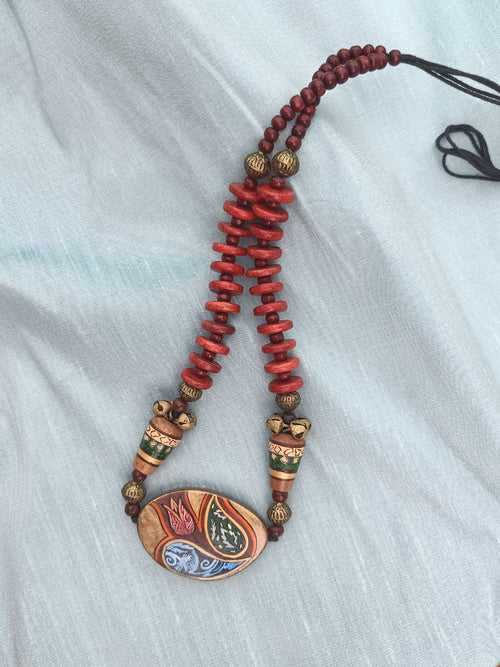 Rust Beads with Multicolored Hand Painted Wooden Pendant Necklace