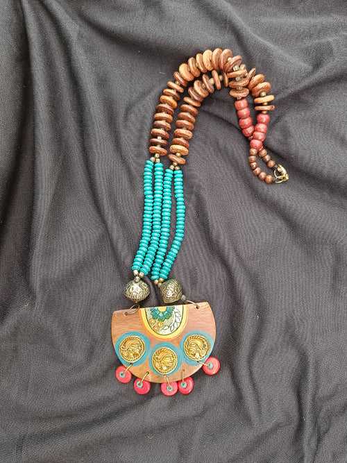 Seagreen Brown Handmade Dhokra Work Brass and Wood Necklace
