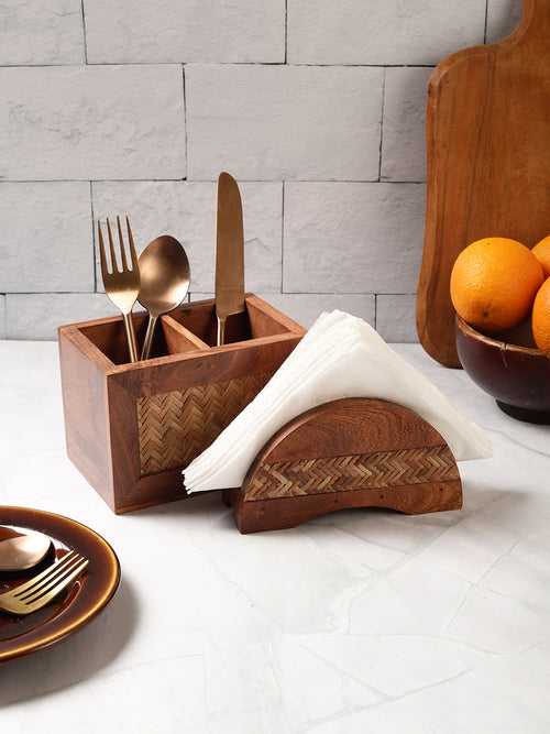 Hand Crafted Acacia Wood Chatai Cutlery & Tissue Holder Set