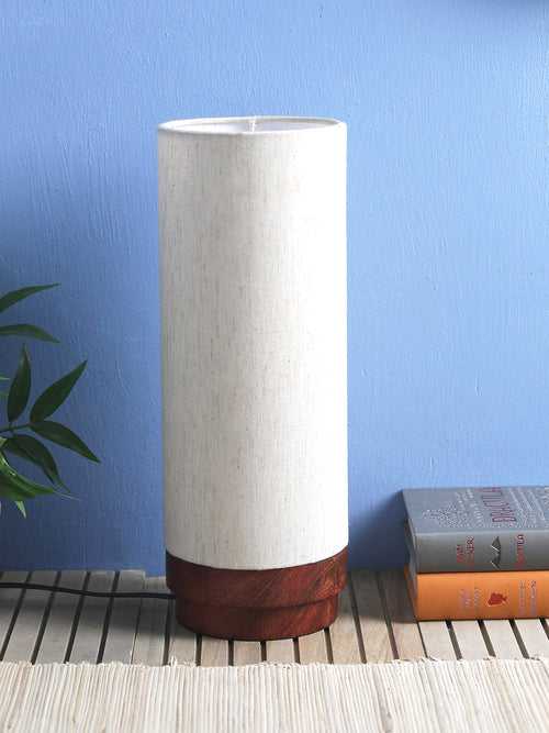 Hand-made Ivory Table Lamp with Round Wooden Base