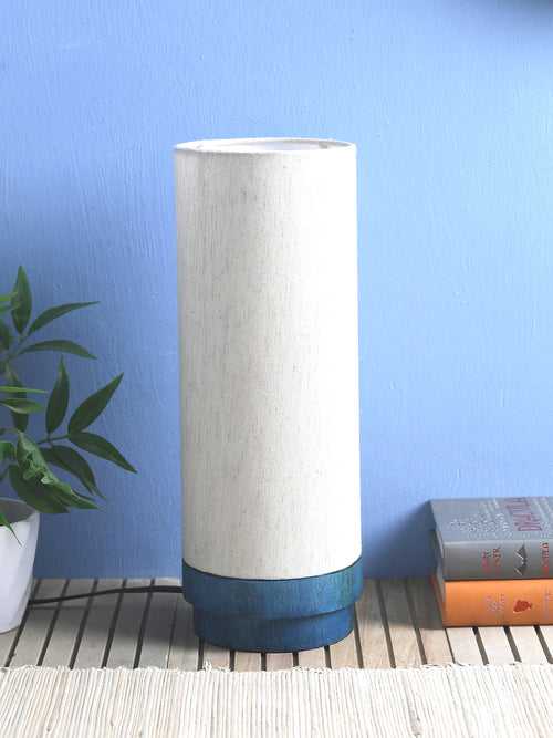 Hand-made Ivory and Blue Wooden Table Lamp