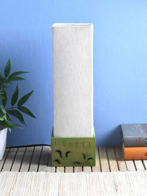 Hand Crafted White and Carved Green Wooden Table Lamp