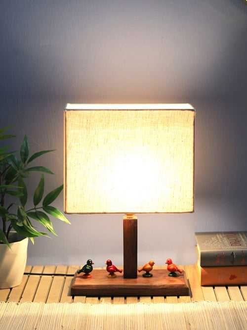 Morning sparrow Wooden Table Lamp with White Matt Shade with Cute Birds