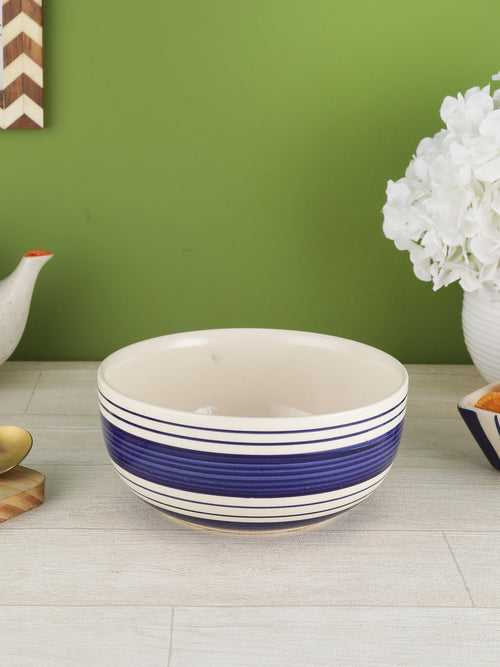 Indigo Blue Stripes Ceramic 1000 ml Large Serving Bowl