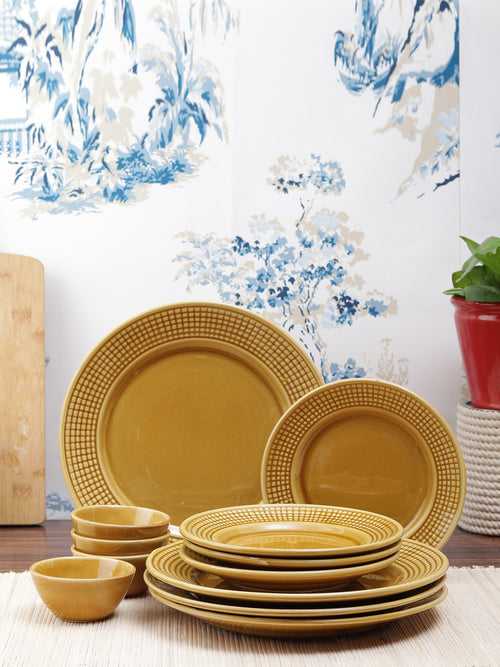 Gold Mustard Ceramic 12 Pieces Dinner Set- Dinner Plates, Side Plates, Katori bowls-4+4+4