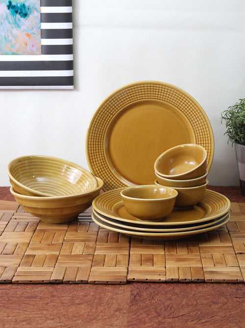 Gold Mustard Ceramic 10 Pieces Dinner Set- 4 Dinner Plates, 4 Katori Bowls & 2 Serving bowls
