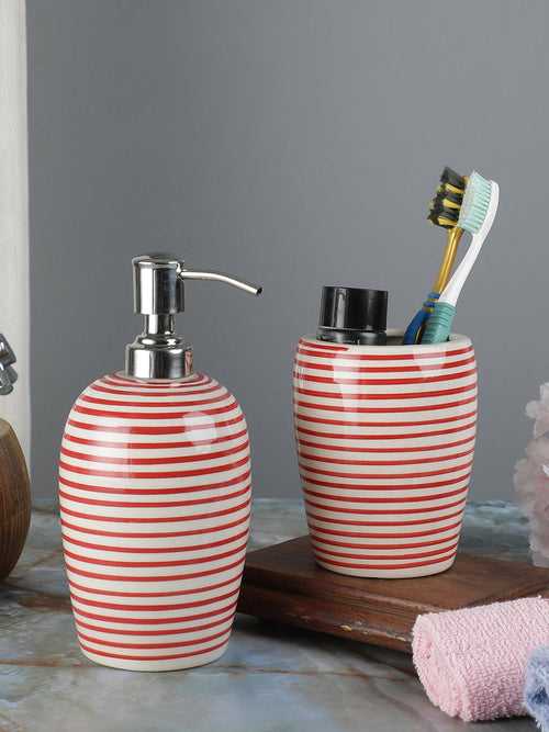 Parikrama Red Spiral Ceramic Round Bathroom Accessories Set of Two