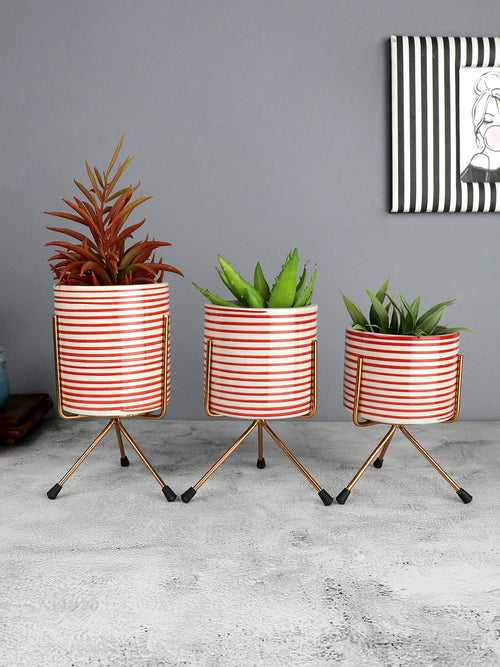 Parikrama Red Spiral Planters with Copper Stands Set of Three