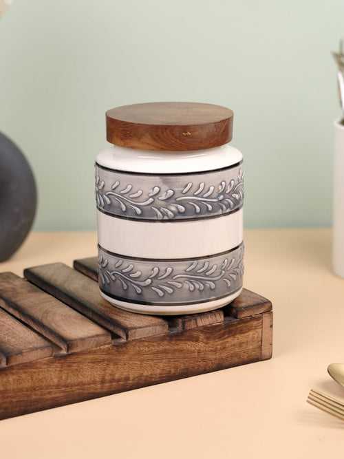 Grey White Embossed Ceramic Air Tight Jar with Wooden Lid