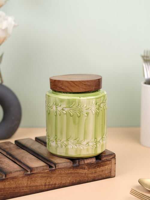 Green Embossed Ceramic Air Tight Jar with Wooden Lid