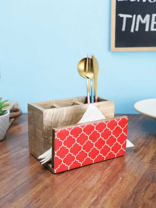 Moroccan Red Mango Wood Napkin and Spoon Holder
