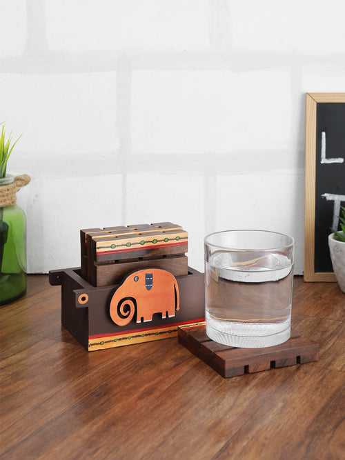 Hand -made Orange Elephant Wooden Coasters Set of Four with Holder