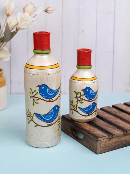 Hand Painted Neel Blue Bird Gold Bottle Terracotta Vases Set of Two