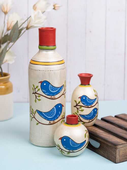 Hand Painted Neel Blue Bird Gold Terracotta Vases Set of Three