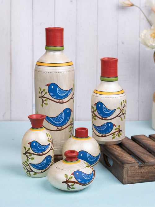 Hand Painted Neel Blue Bird Gold Terracotta Vases Set of Five