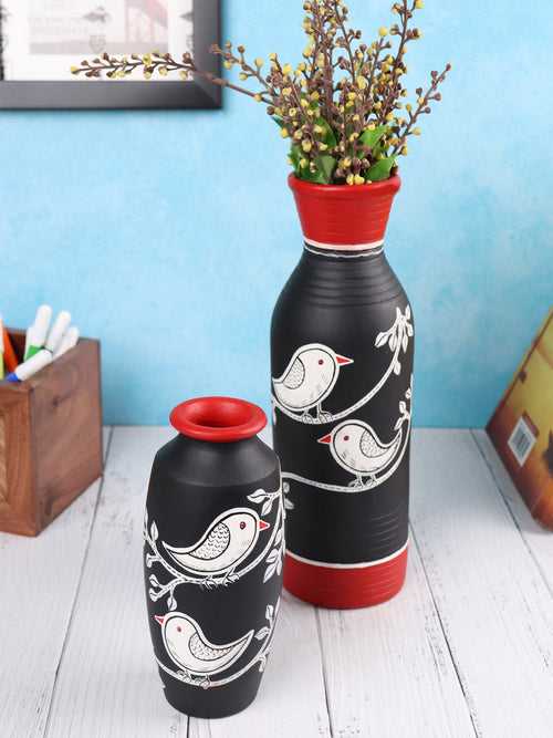 Hand Painted Chiraiya White Bird Black Terracotta Long Vases Set of Two