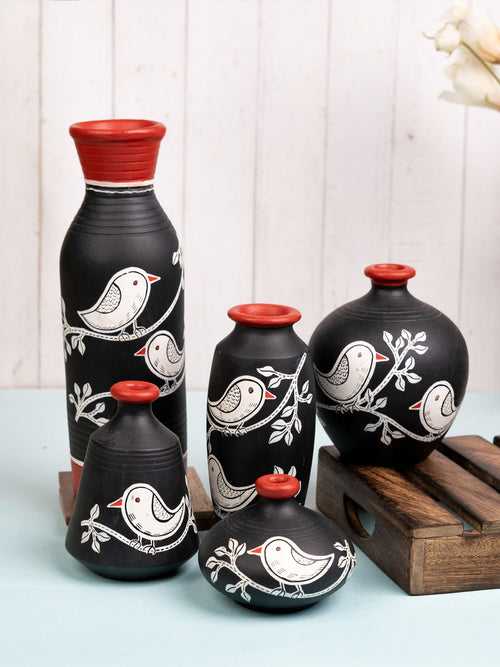 Hand Painted Chiraiya White Bird Black Terracotta Pots Set of Five