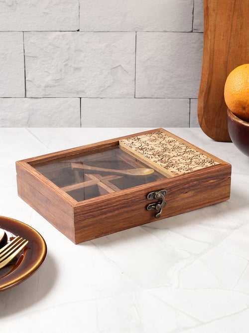 Hand Carved Gul Rectangle Sheesham Wood Spice Box/ Dry-fruit Box