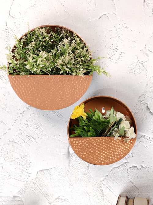 Round Copper Hammered Metal Wall Mounting Flower Vases/ Planters Set
