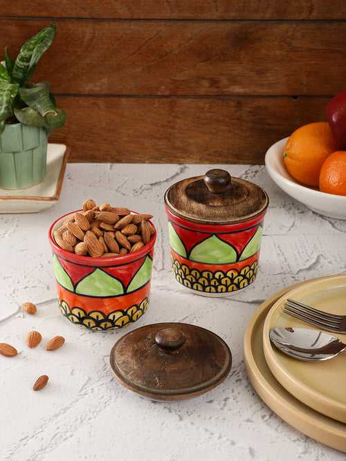 Red Green Archway Ceramic Jars with Wooden Lids