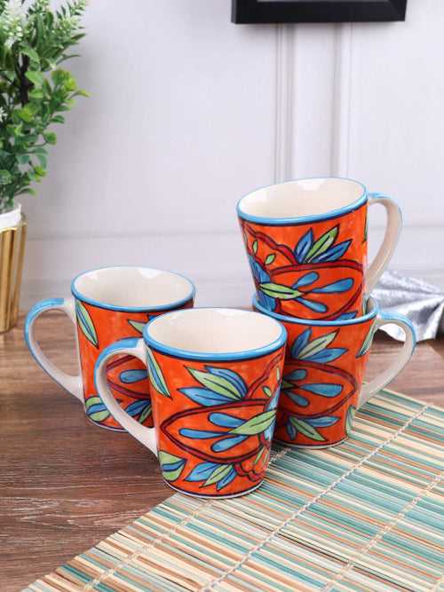 Hand Painted Floral Orange Ceramic Mugs Set of Four