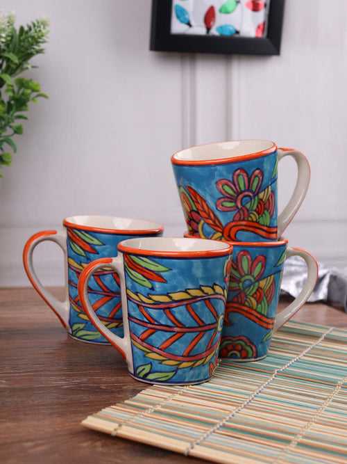 Hand Painted Floral Blue Ceramic Mugs Set of Four