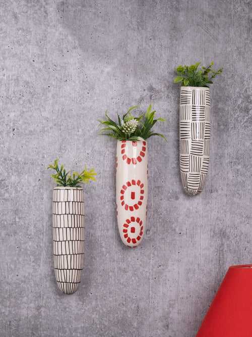 Black White and Red Flowers Ceramic Wall Planters Set of Three