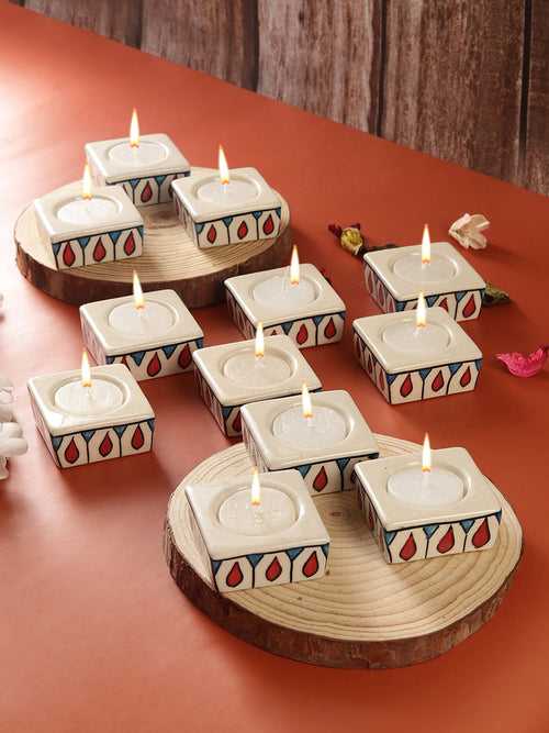 Red Drops Green Square Ceramic Diyas/ Tea Light Holders 12 Pc Set