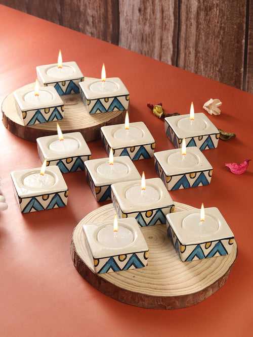 Blue Triangles with Yellow Square Ceramic Diyas/ Tea Light Holders 12 Pc Set