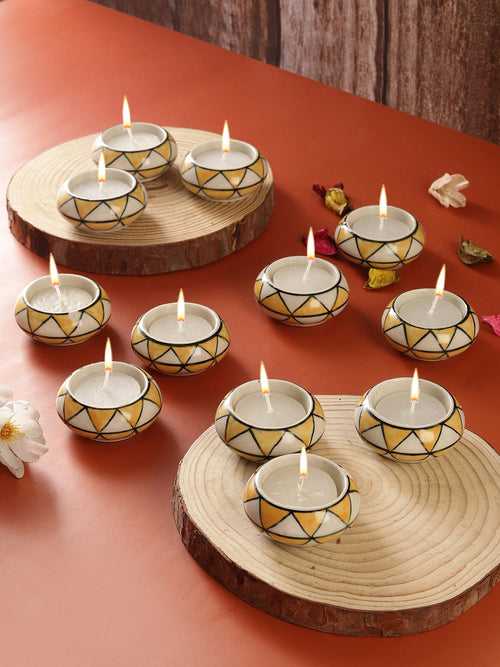 Yellow Triangles Ceramic Diyas/ Tea Light Holders 12 Pc Set