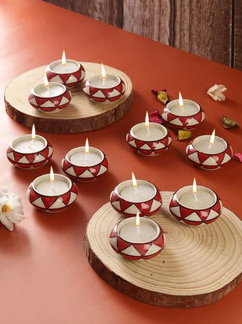 Red Triangles Ceramic Diyas/ Tea Light Holders 12 Pc Set