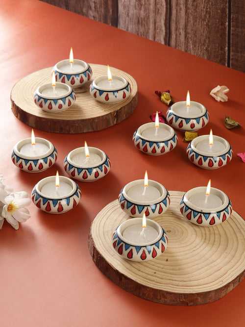 Red Drops Green Ceramic Diyas/ Tea Light Holders 12 Pc Set