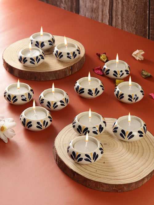 Navy Blue Flowers with Yellow Ceramic Diyas/ Tea Light Holders 12 Pc Set