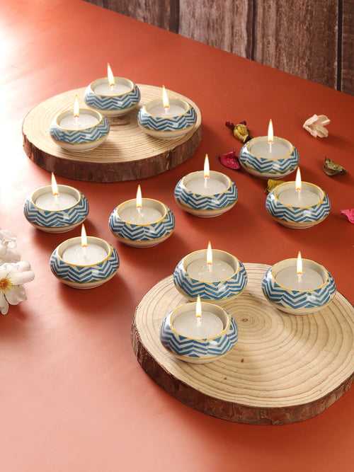 Blue Zigzag  Ceramic Diyas/ Tea Light Holders 12 Pc Set