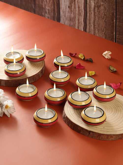 Red Yellow Stripes Ceramic Diyas/ Tea Light Holders 12 Pc Set