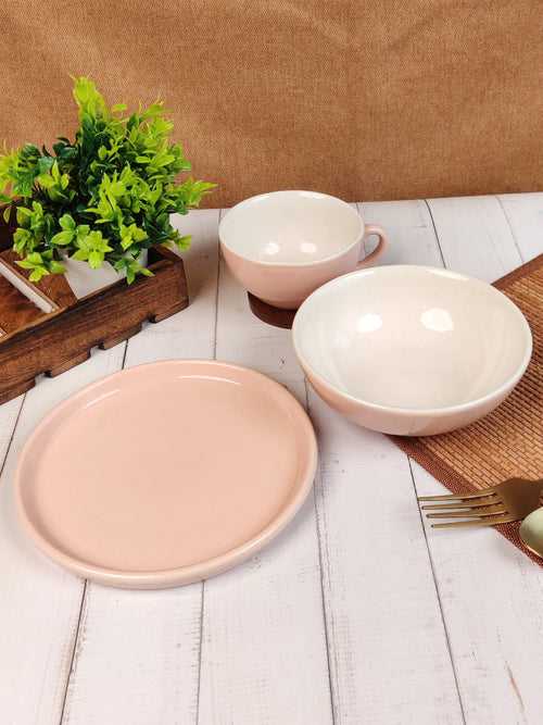Neerja Pastel Pink 3 Piece Ceramic Breakfast Set -  Plate, Cereal Bowl, Mug