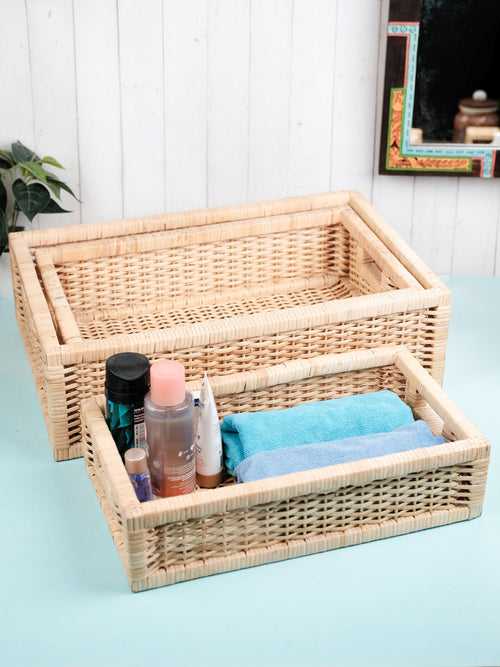 Hand Woven Rattan Wicker Baskets Set of Three for Wardrobes/ Towels or Desks