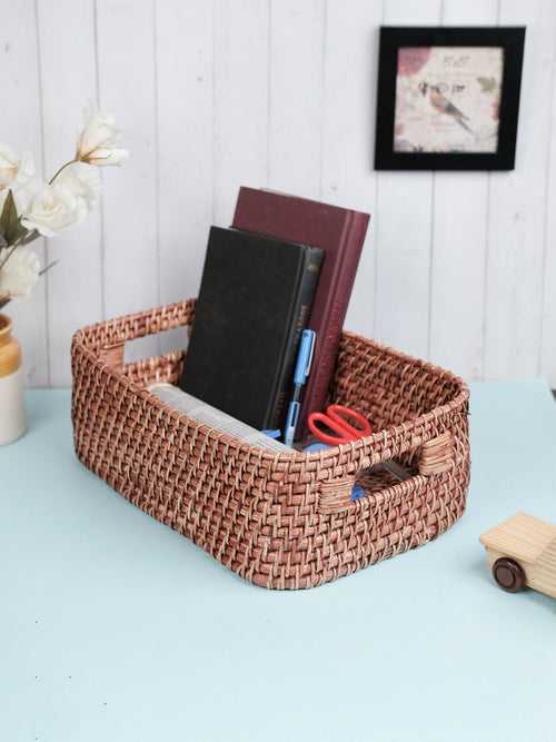 Hand Woven Brown Rattan Wicker Basket/ Desk Organizer/ Wardrobe Organizer