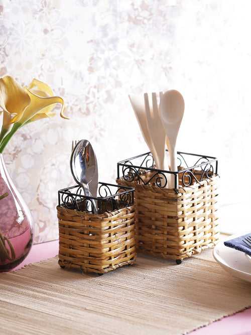 Wicker Bamboo Cutlery Holder Set of Two