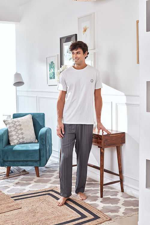 Men's White Tee with Grey Stripe Pyjama Set