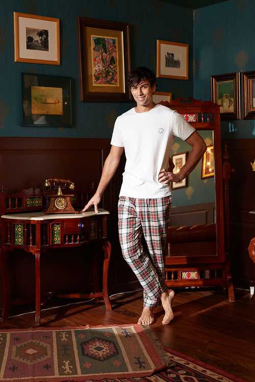 Men's White Tee with Red & Green Check Cotton Pyjama Set