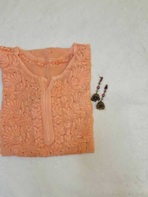 Heer Peach Georgette Long Straight Kurta