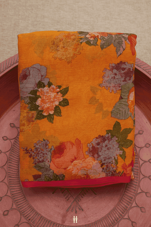 Allover Floral Printed Orange Chiffon Saree